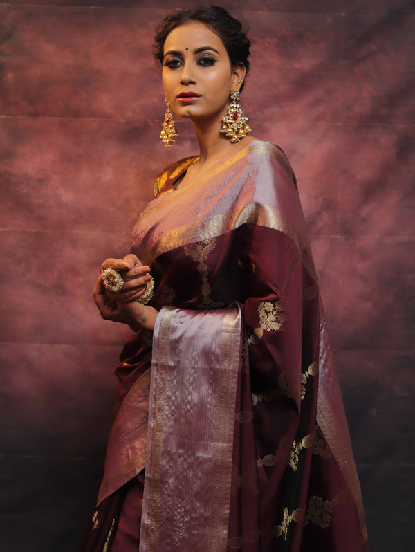 Banarasee Handwoven Semi Silk Saree With Zari Work-Wine