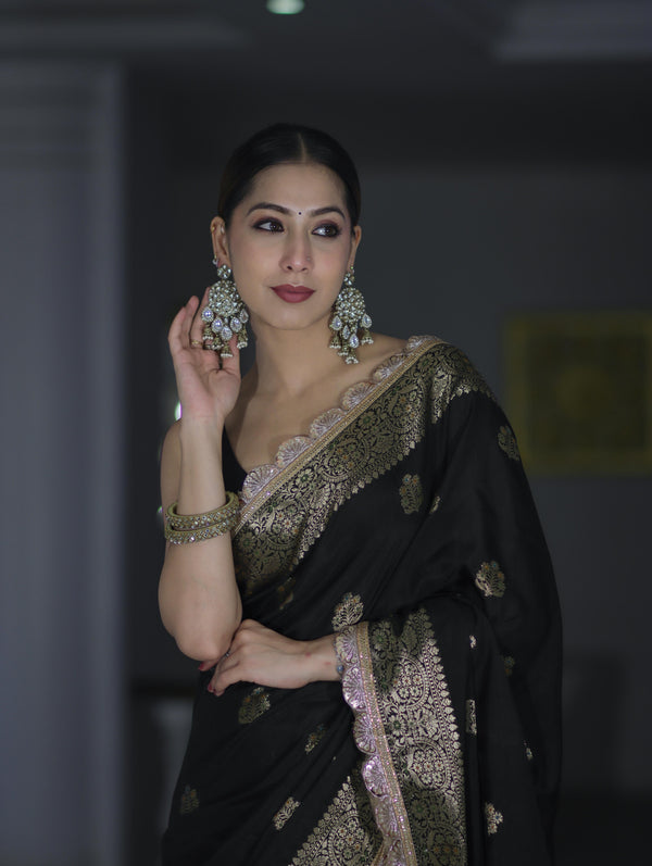 Banarasee Handloom Semi Silk Saree With Zari Buti Design & Lace Border-Black
