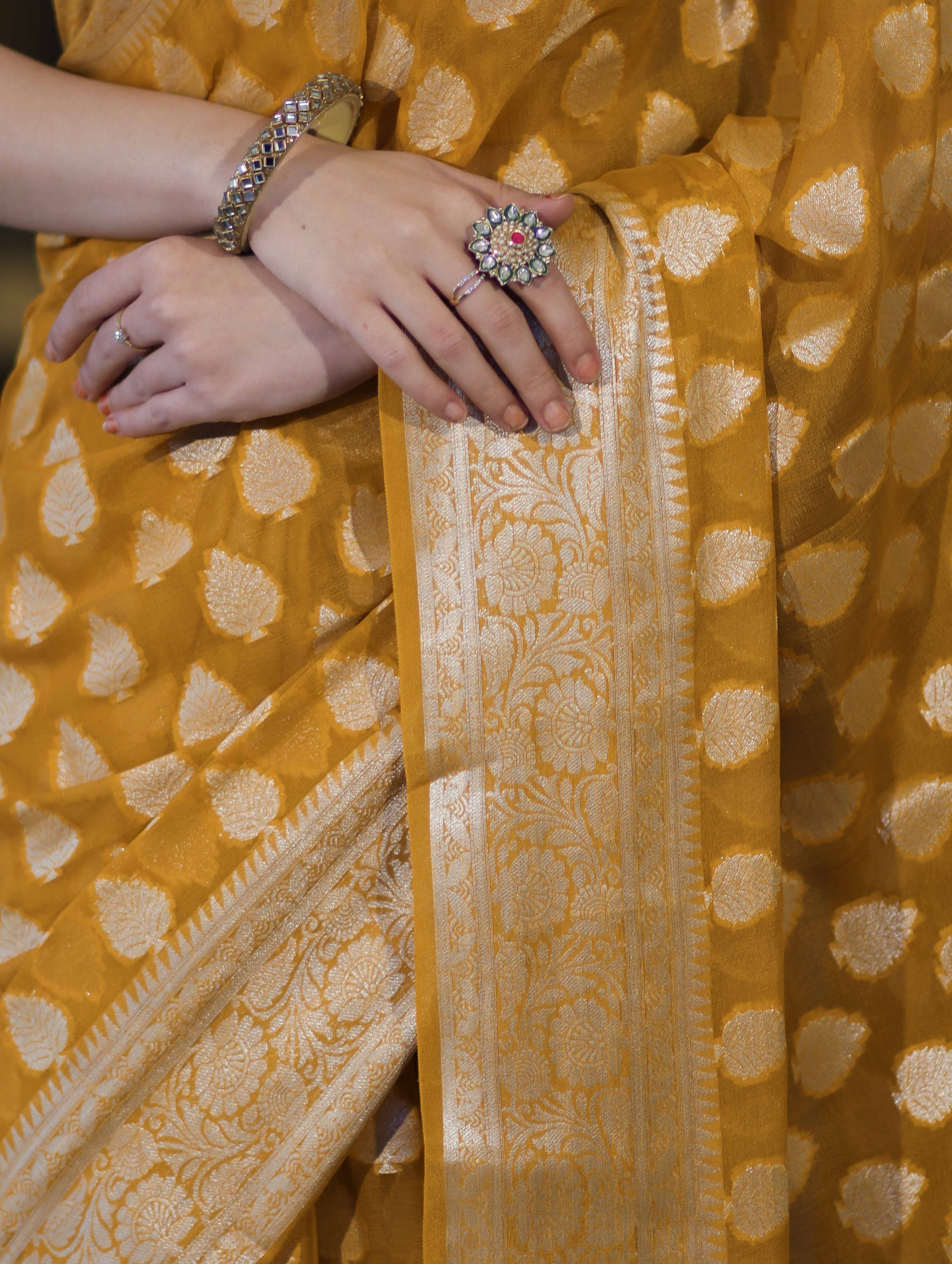 Banarasee Pure Chiffon Saree With Gold Zari Buta Work & Border-Mustard Yellow