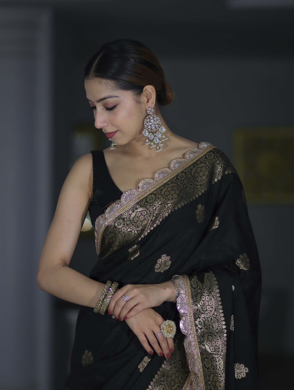 Banarasee Handloom Semi Silk Saree With Zari Buti Design & Lace Border-Black