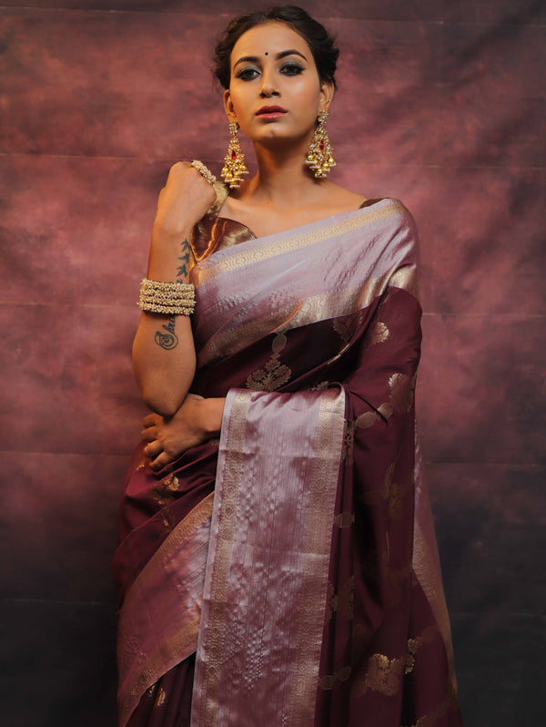 Banarasee Handwoven Semi Silk Saree With Zari Work-Wine