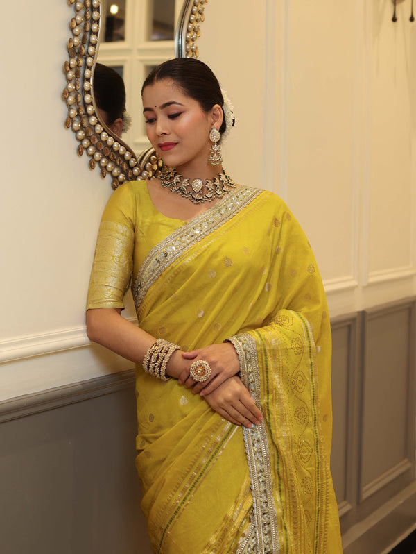 Banarasee Handwoven Semi Silk Saree With Buti Design Zari Border & Lace-Lemon Yellow