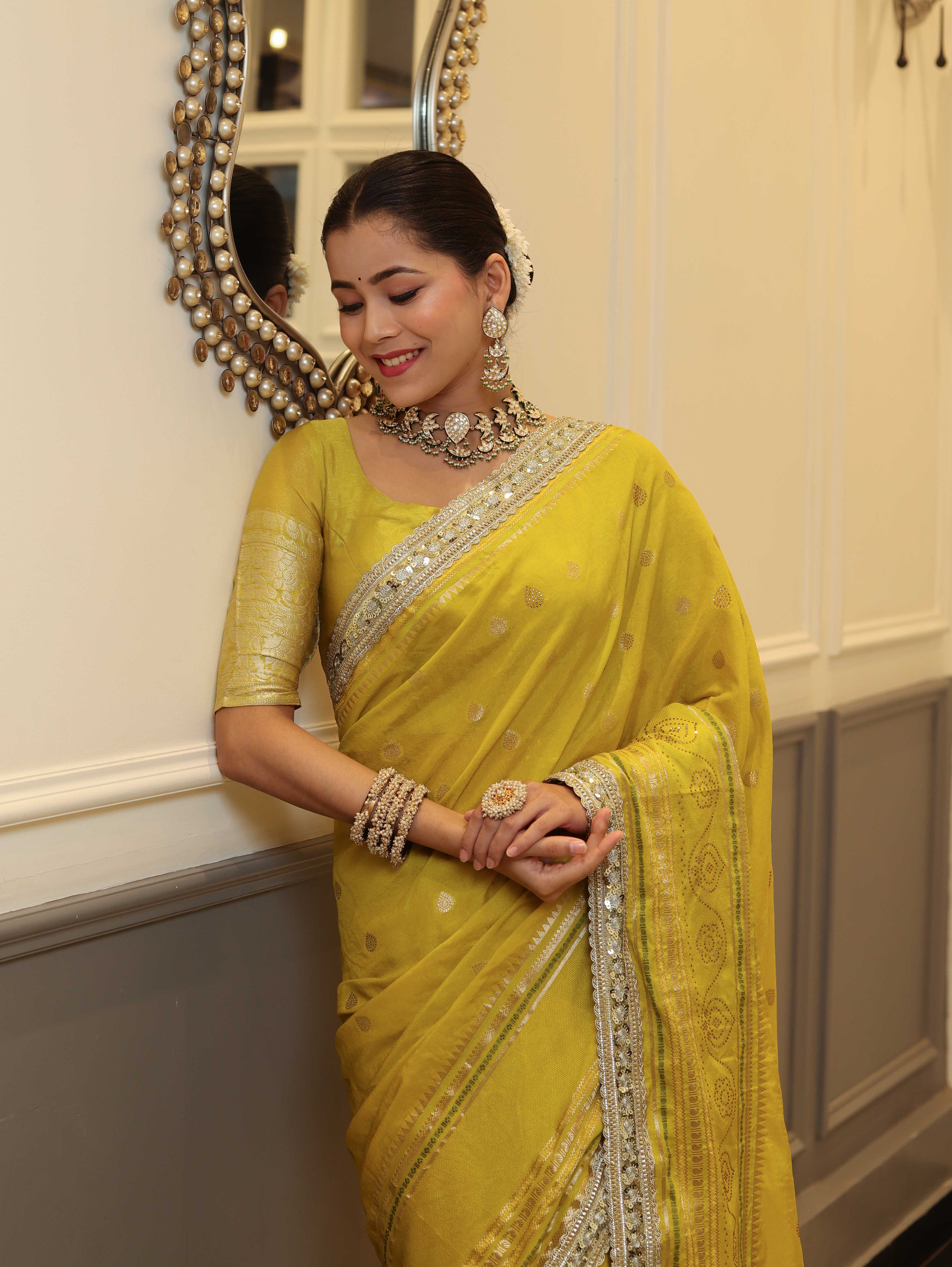 Banarasee Handwoven Semi Silk Saree With Buti Design Zari Border & Lace-Lemon Yellow