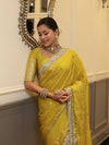 Banarasee Handwoven Semi Silk Saree With Buti Design Zari Border & Lace-Lemon Yellow