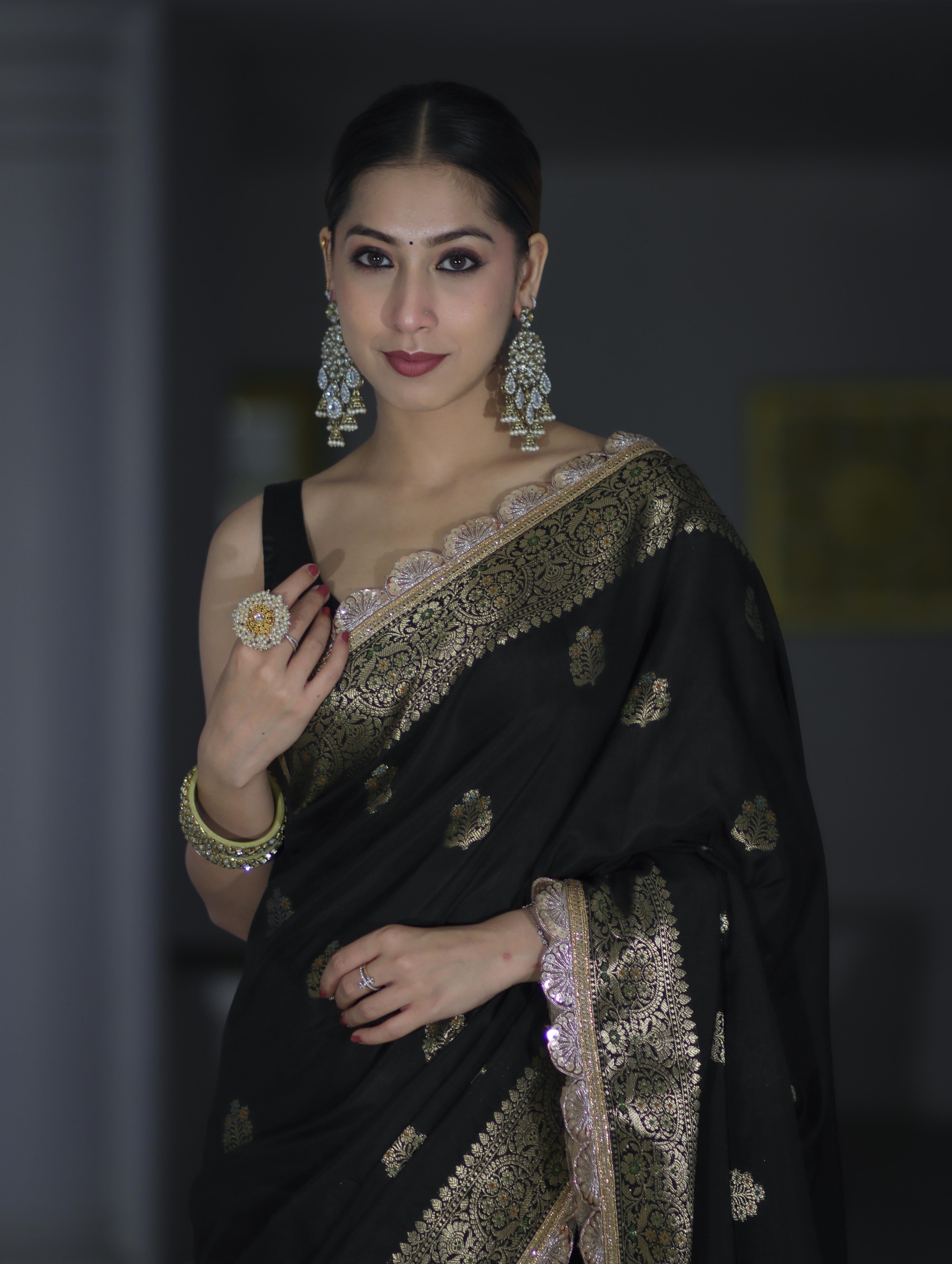 Banarasee Handloom Semi Silk Saree With Zari Buti Design & Lace Border-Black