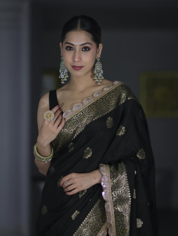 Banarasee Handloom Semi Silk Saree With Zari Buti Design & Lace Border-Black