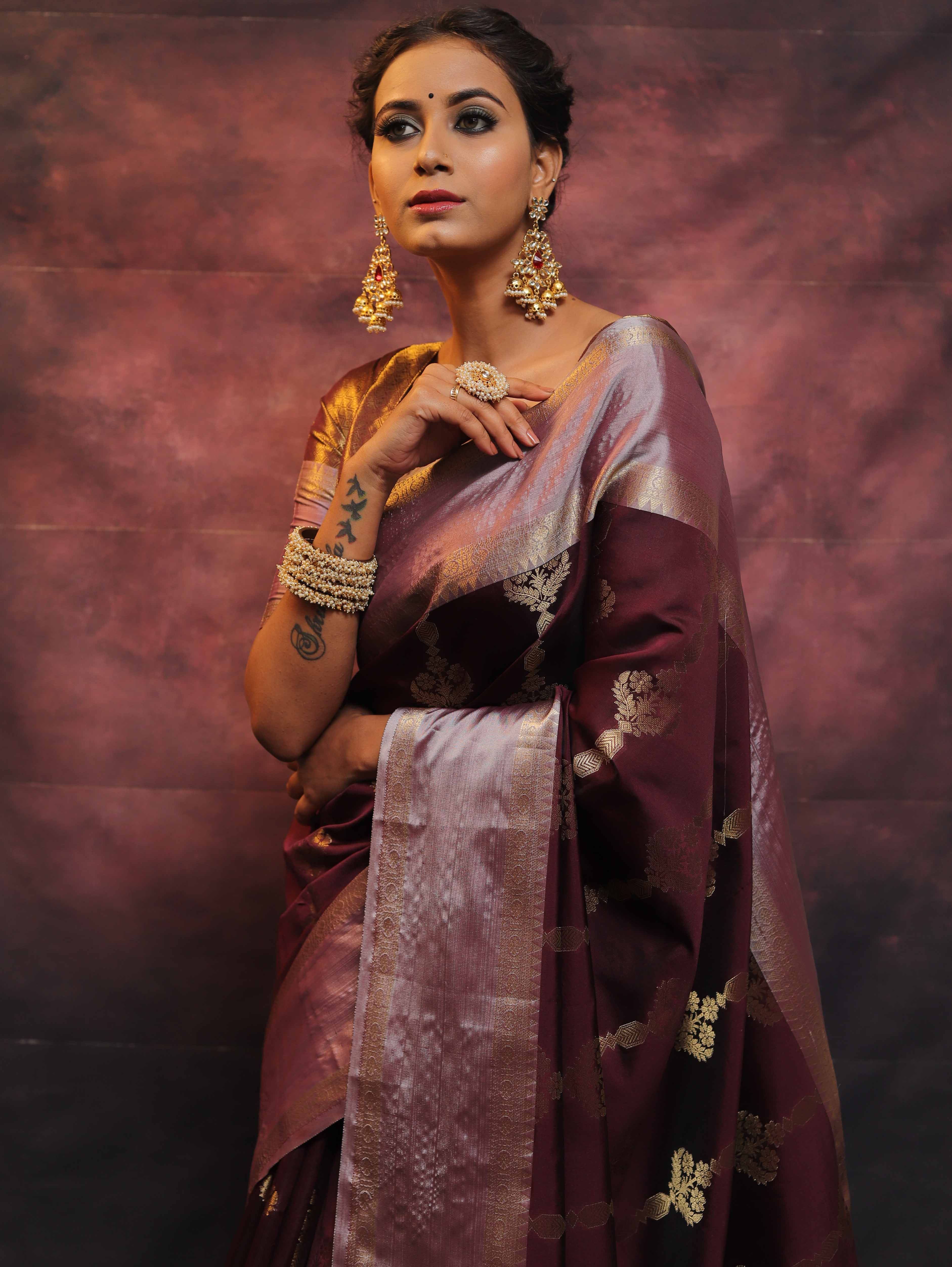 Banarasee Handwoven Semi Silk Saree With Zari Work-Wine