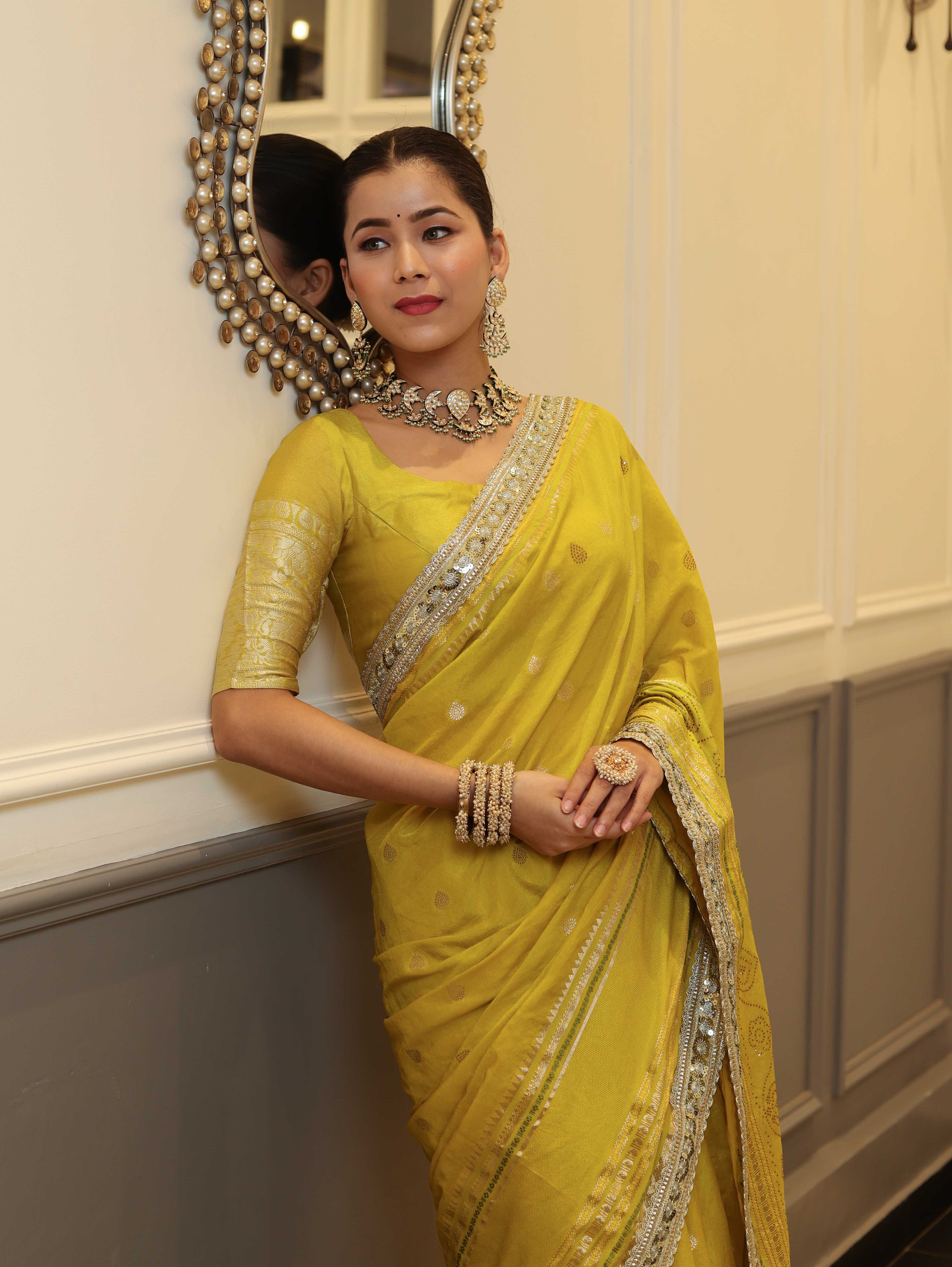 Banarasee Handwoven Semi Silk Saree With Buti Design Zari Border & Lace-Lemon Yellow