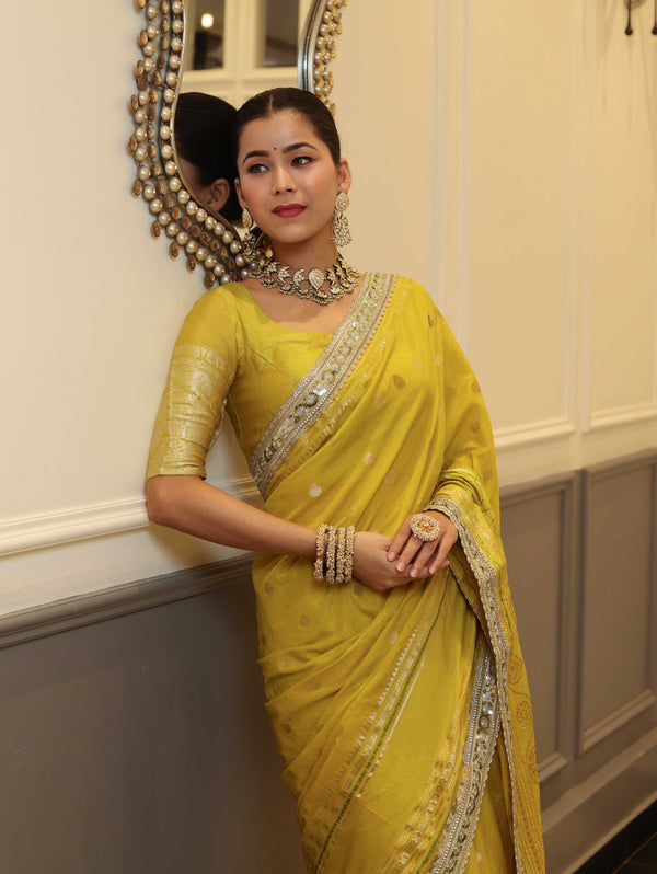 Banarasee Handwoven Semi Silk Saree With Buti Design Zari Border & Lace-Lemon Yellow