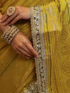 Banarasee Handwoven Semi Silk Saree With Buti Design Zari Border & Lace-Lemon Yellow