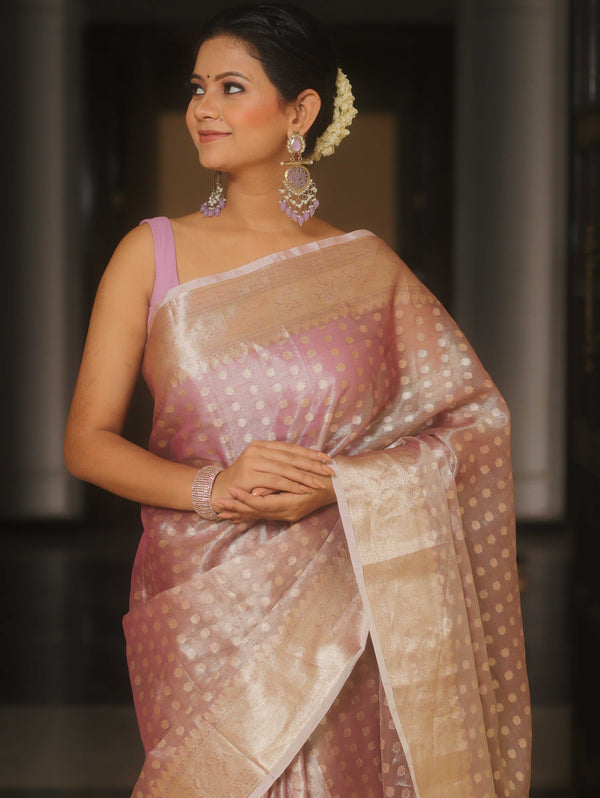 Banarasee Handwoven Tissue Saree With Zari Buta-Lavender
