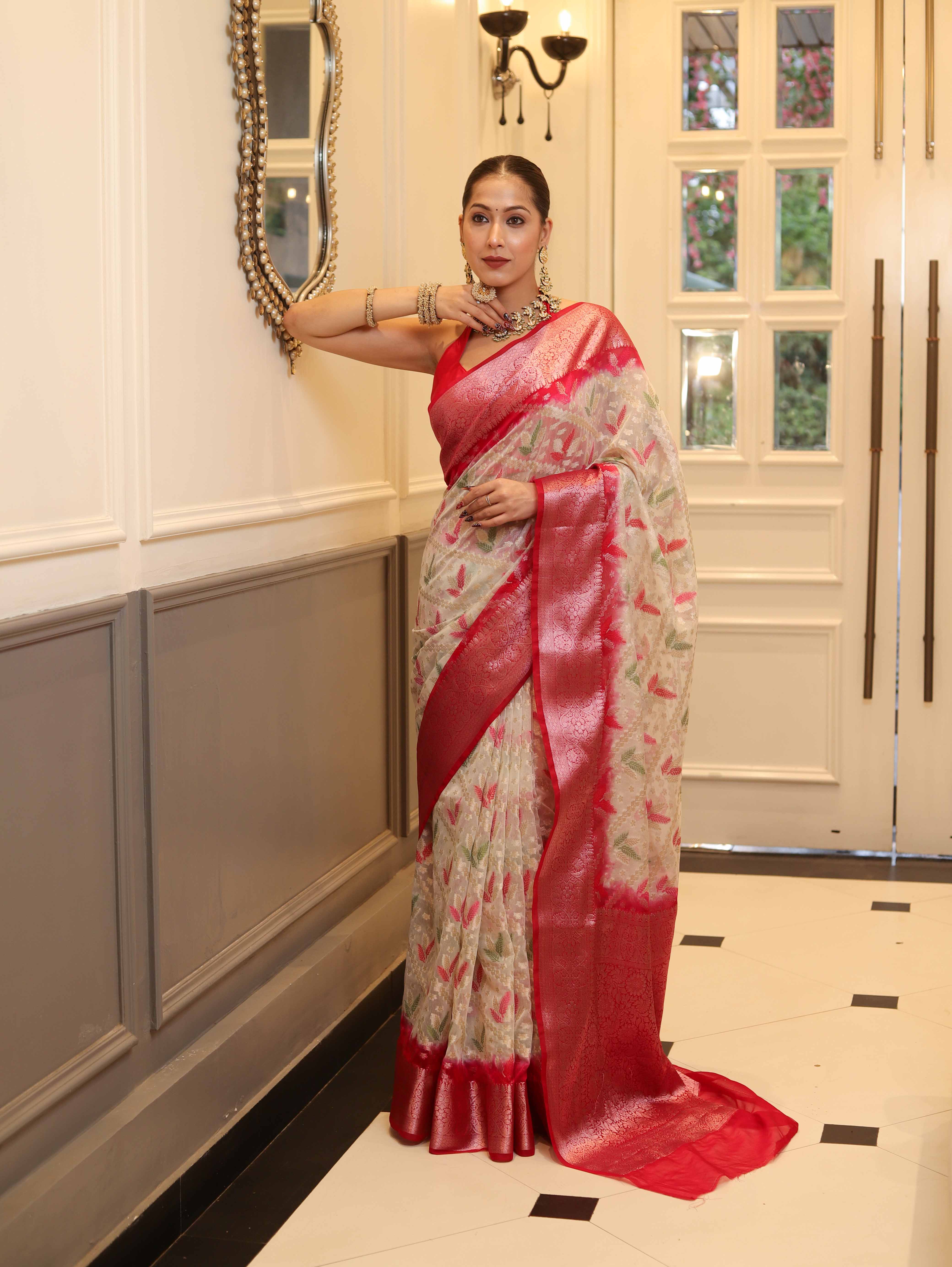 Banarasee Handloom Georgette Saree With Silver Zari Work & Contrast Border-Cream & Red