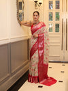 Banarasee Handloom Georgette Saree With Silver Zari Work & Contrast Border-Cream & Red
