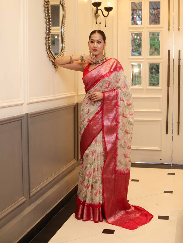 Banarasee Handloom Georgette Saree With Silver Zari Work & Contrast Border-Cream & Red