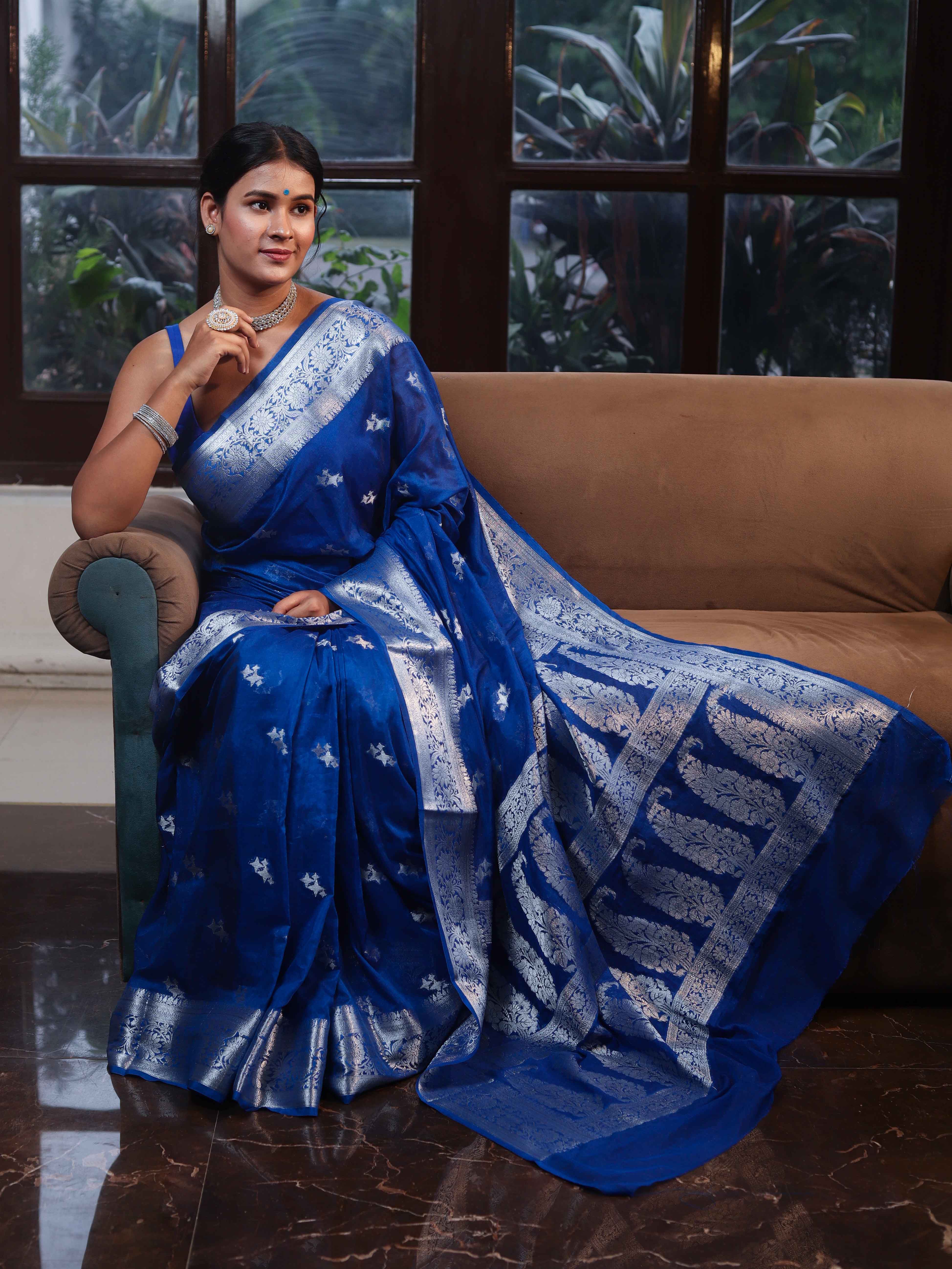 Banarasee Semi Chiffon Saree With Silver Zari Buta Design & Floral Border-Cobalt Blue