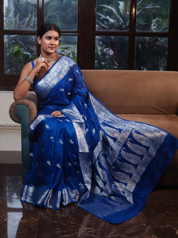 Banarasee Cotton Silk Saree With Silver Zari Buta Design & Floral Border-Cobalt Blue