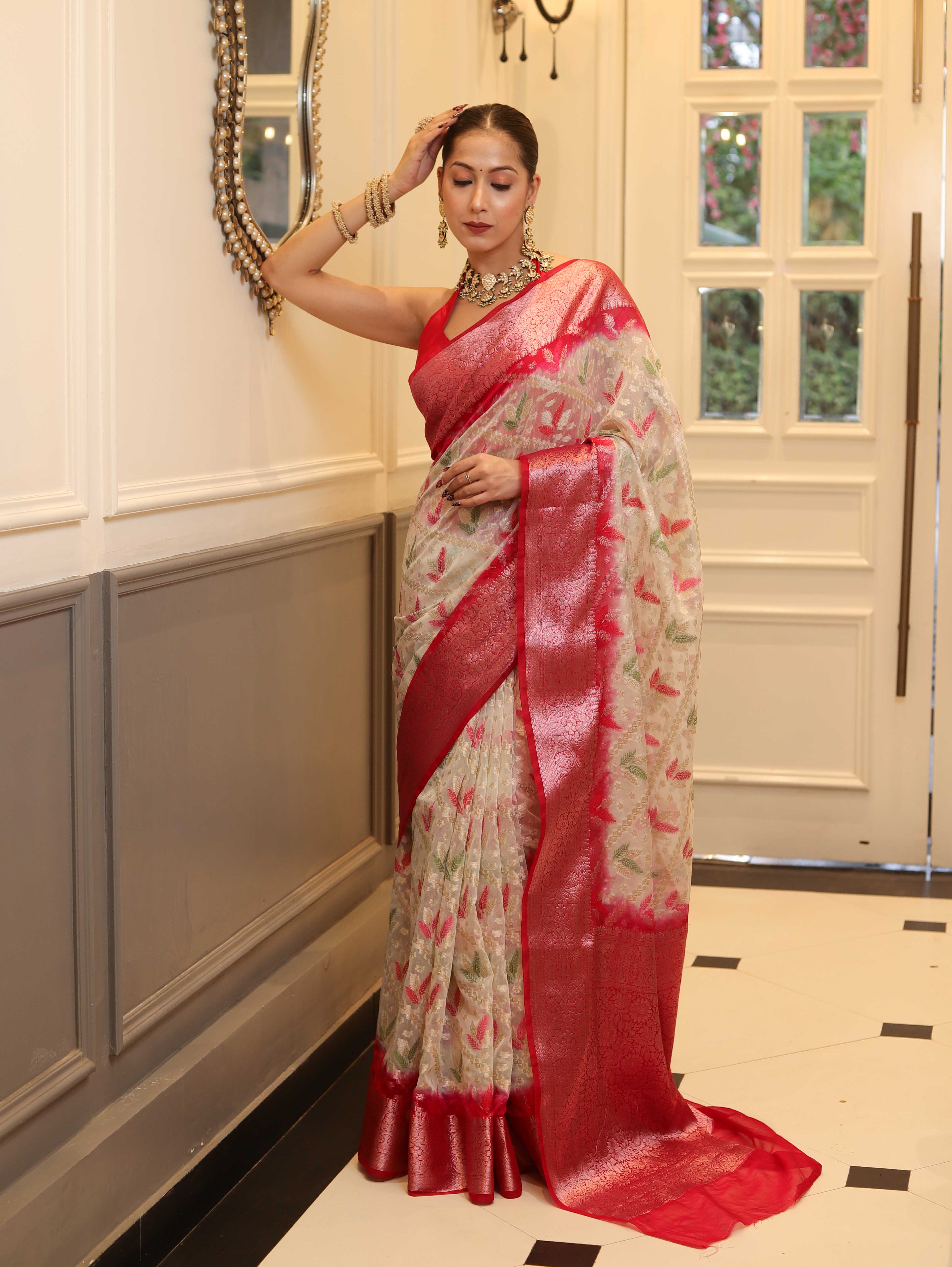 Banarasee Handloom Georgette Saree With Silver Zari Work & Contrast Border-Cream & Red