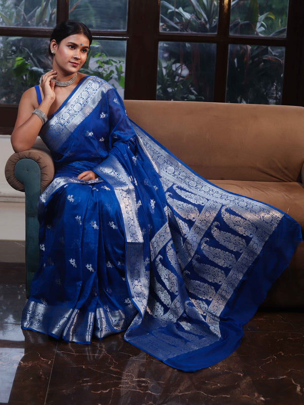 Banarasee Semi Chiffon Saree With Silver Zari Buta Design & Floral Border-Cobalt Blue
