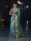 Banarasee Handloom Plain Tissue Saree With Zari Border & Lace-Bottle Green