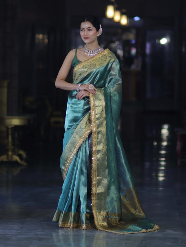 Banarasee Handloom Plain Tissue Saree With Zari Border & Lace-Bottle Green