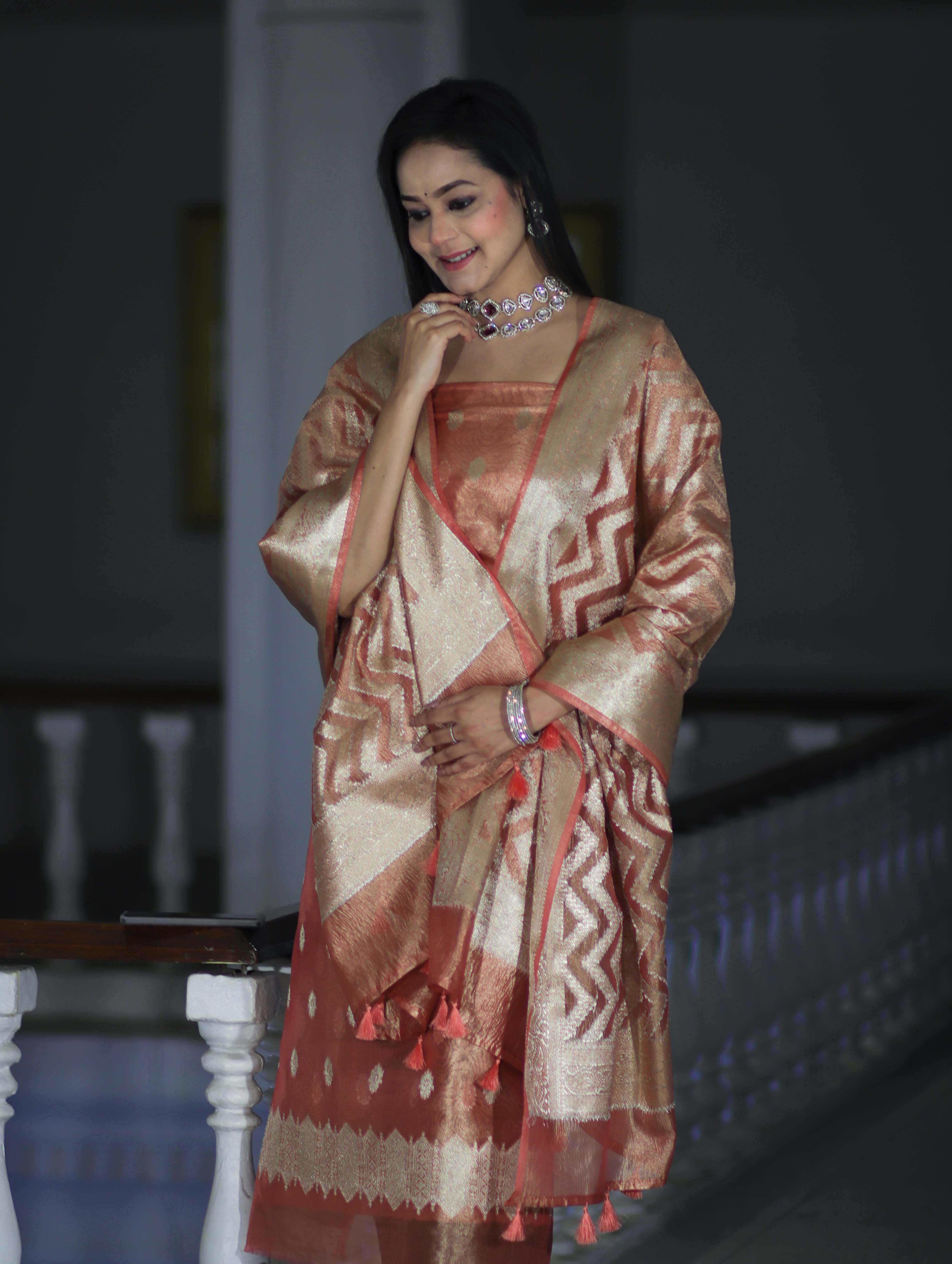 Banarasee Tissue Zari Work Salwar Kameez Fabric With Dupatta Set-Peach