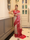 Banarasee Handloom Georgette Saree With Silver Zari Work & Contrast Border-Cream & Red