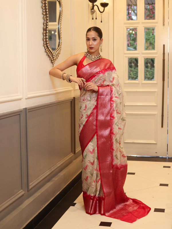 Banarasee Handloom Georgette Saree With Silver Zari Work & Contrast Border-Cream & Red