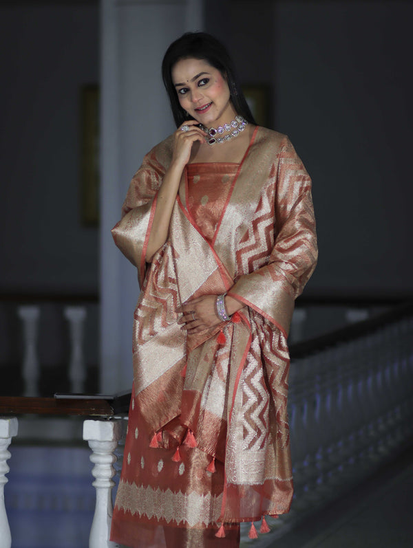 Banarasee Tissue Zari Work Salwar Kameez Fabric With Dupatta Set-Peach