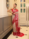 Banarasee Handloom Georgette Saree With Silver Zari Work & Contrast Border-Cream & Red