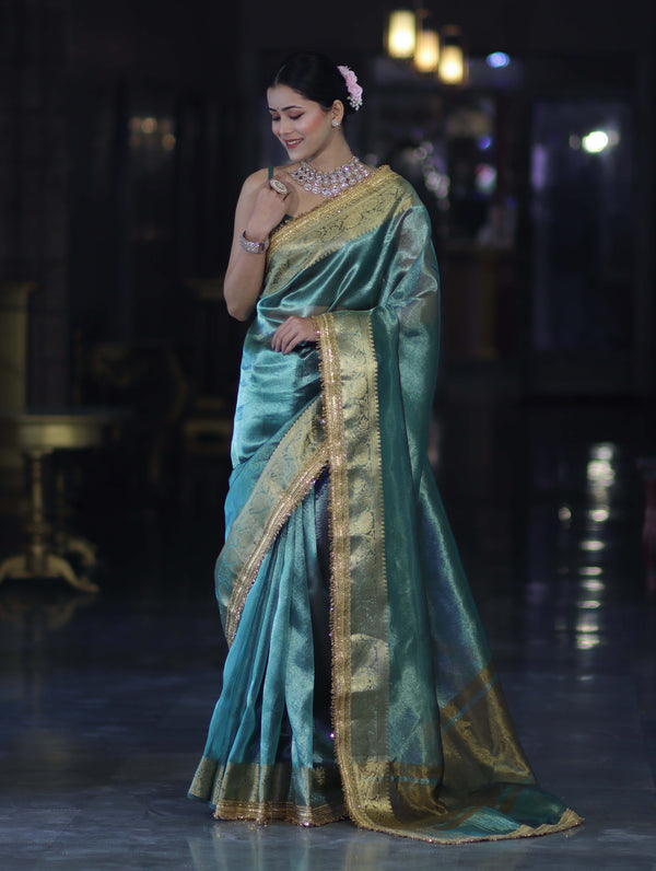 Banarasee Handloom Plain Tissue Saree With Zari Border & Lace-Bottle Green