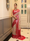 Banarasee Handloom Georgette Saree With Silver Zari Work & Contrast Border-Cream & Red
