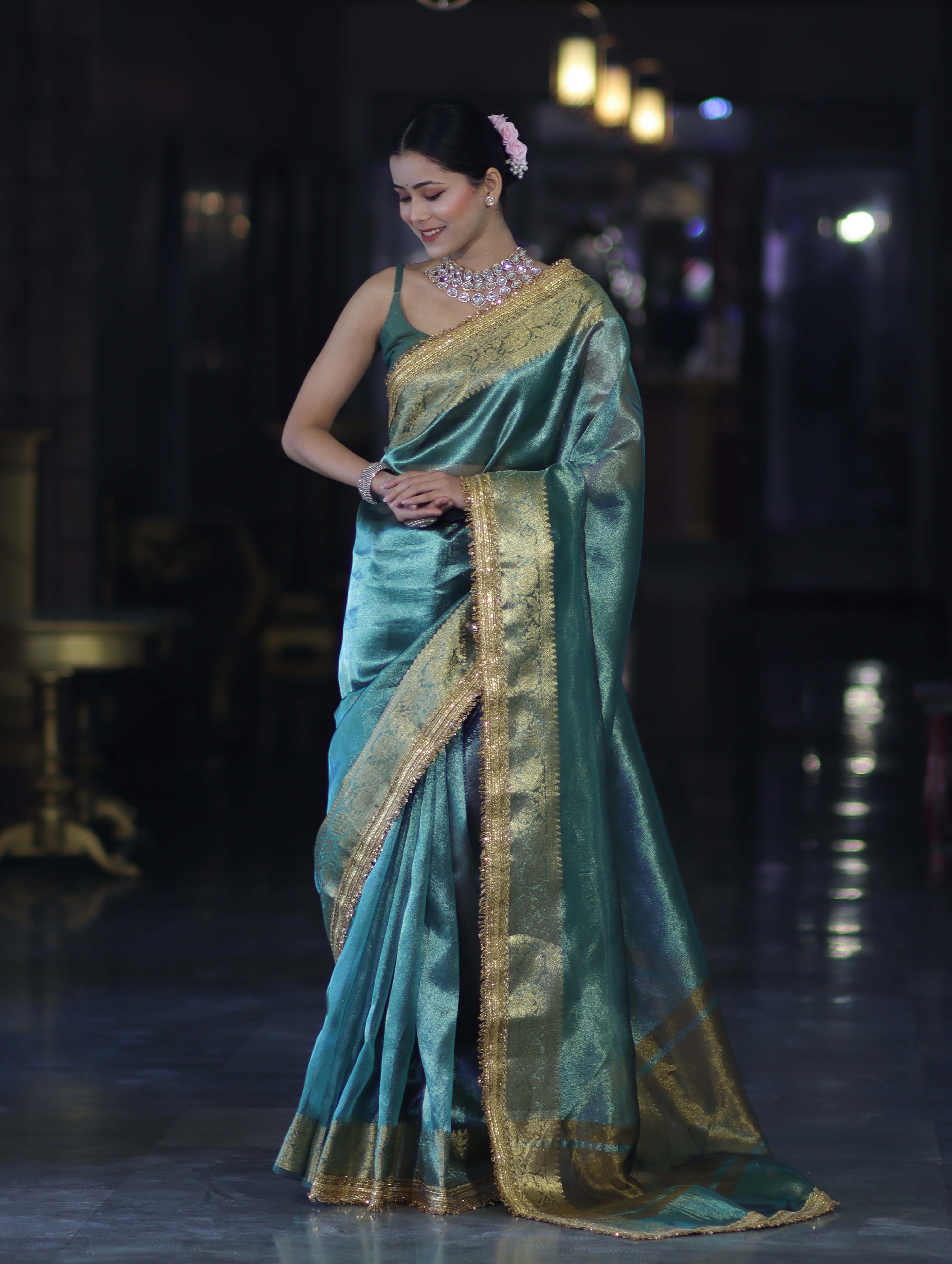 Banarasee Handloom Plain Tissue Saree With Zari Border & Lace-Bottle Green