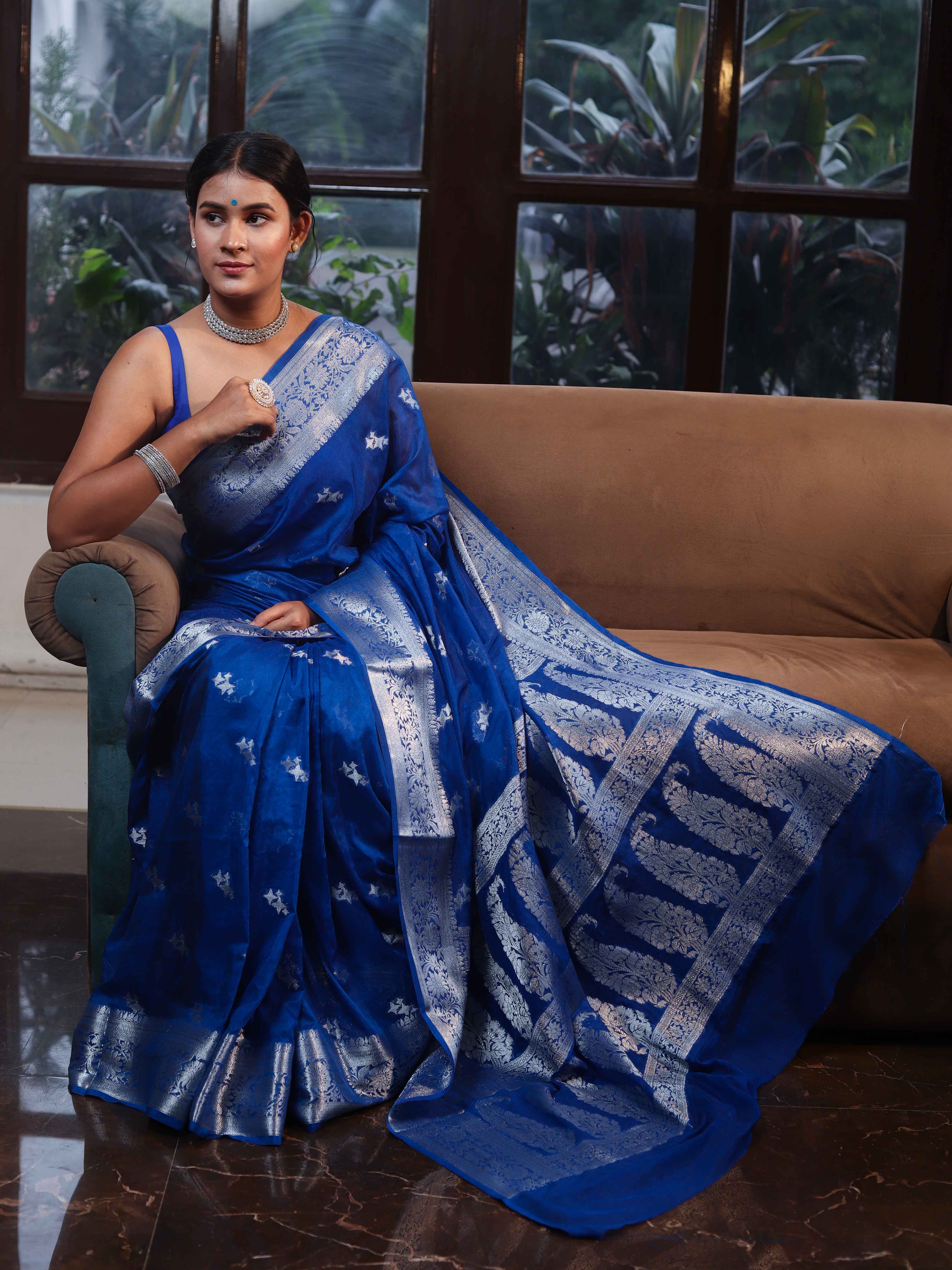 Banarasee Semi Chiffon Saree With Silver Zari Buta Design & Floral Border-Cobalt Blue