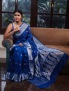 Banarasee Semi Chiffon Saree With Silver Zari Buta Design & Floral Border-Cobalt Blue