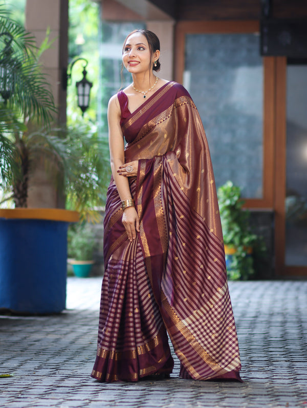 Banarasee Handwoven Semi Silk Saree With Zari Buti Design & Stripe Pattern-Burgundy