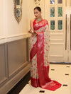 Banarasee Handloom Georgette Saree With Silver Zari Work & Contrast Border-Cream & Red