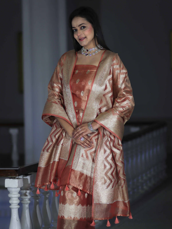 Banarasee Tissue Zari Work Salwar Kameez Fabric With Dupatta Set-Peach