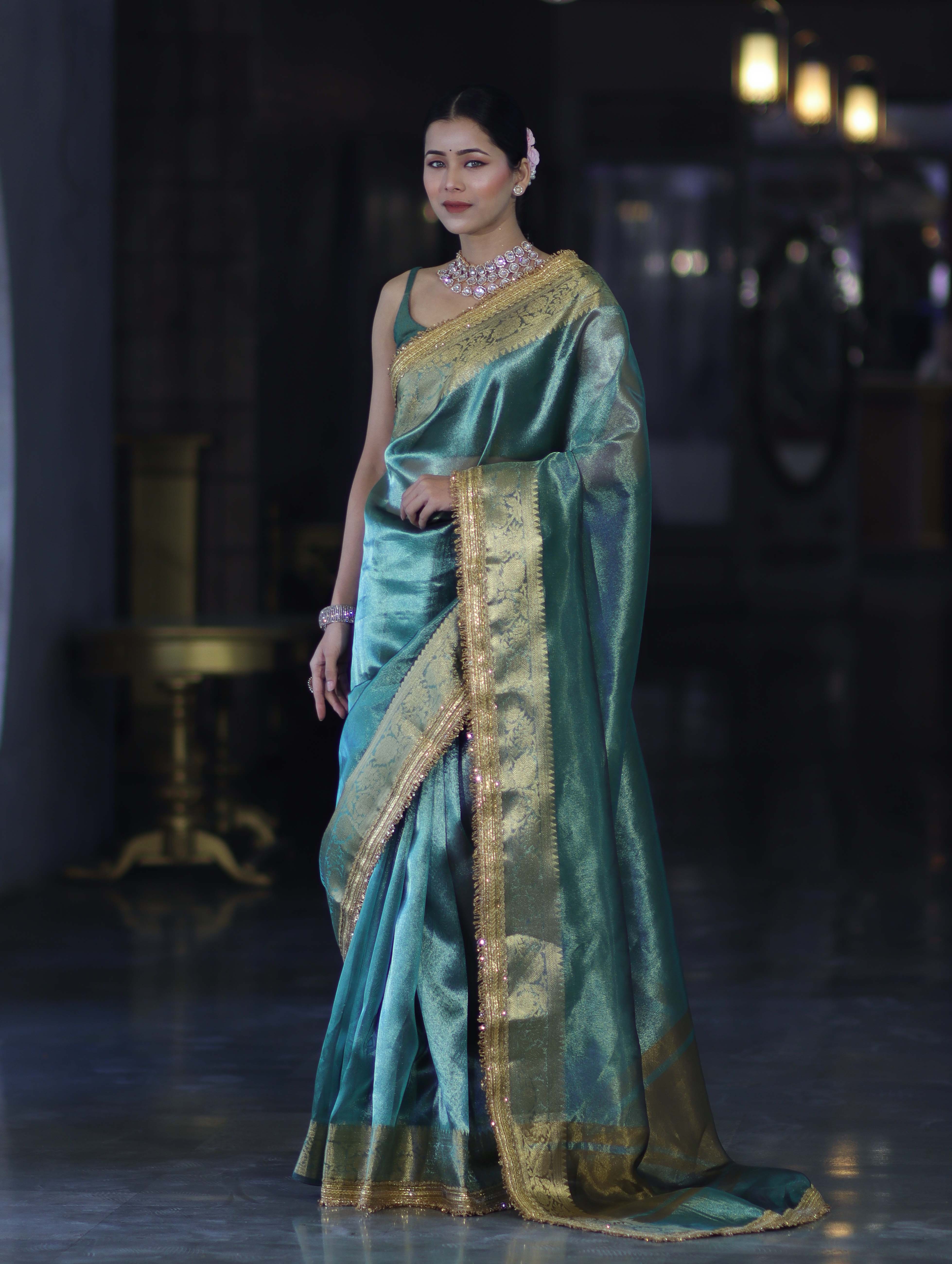 Banarasee Handloom Plain Tissue Saree With Zari Border & Lace-Bottle Green