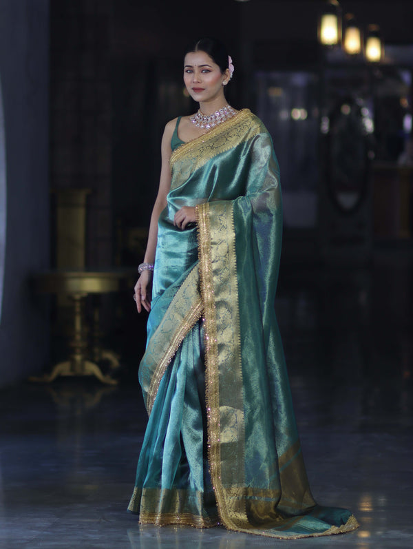Banarasee Handloom Plain Tissue Saree With Zari Border & Lace-Bottle Green