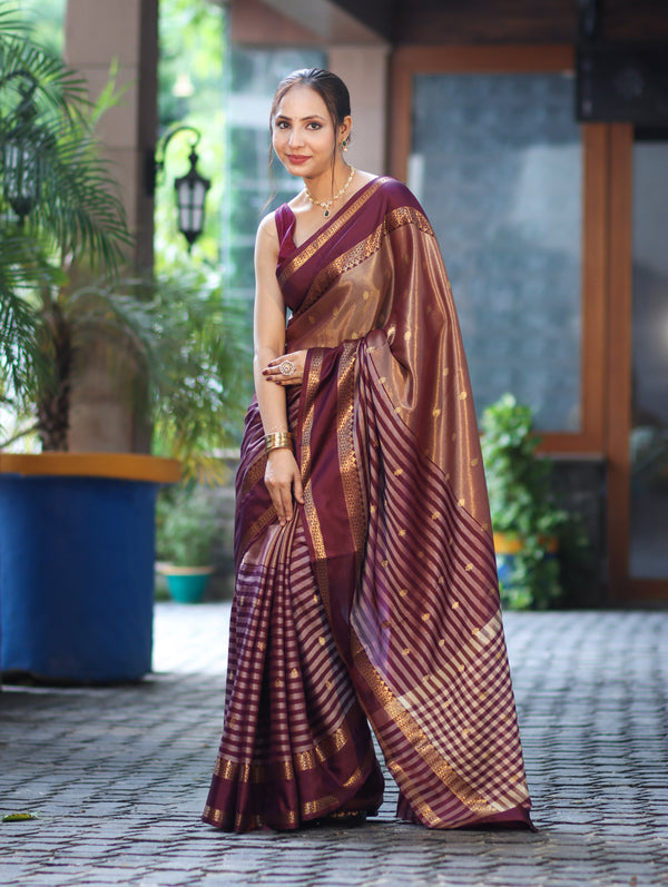 Banarasee Handwoven Semi Silk Saree With Zari Buti Design & Stripe Pattern-Burgundy