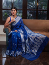 Banarasee Semi Chiffon Saree With Silver Zari Buta Design & Floral Border-Cobalt Blue