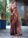 Banarasee Handwoven Semi Silk Saree With Zari Buti Design & Stripe Pattern-Burgundy