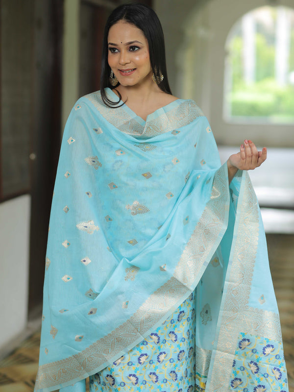 Banarasee Handloom Chanderi Salwar Kameez Fabric With Meena & Zari Design-Light Blue