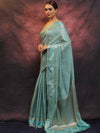 Banarasee Handwoven Semi Silk Saree With Stripes Design & Solid Border-Blue