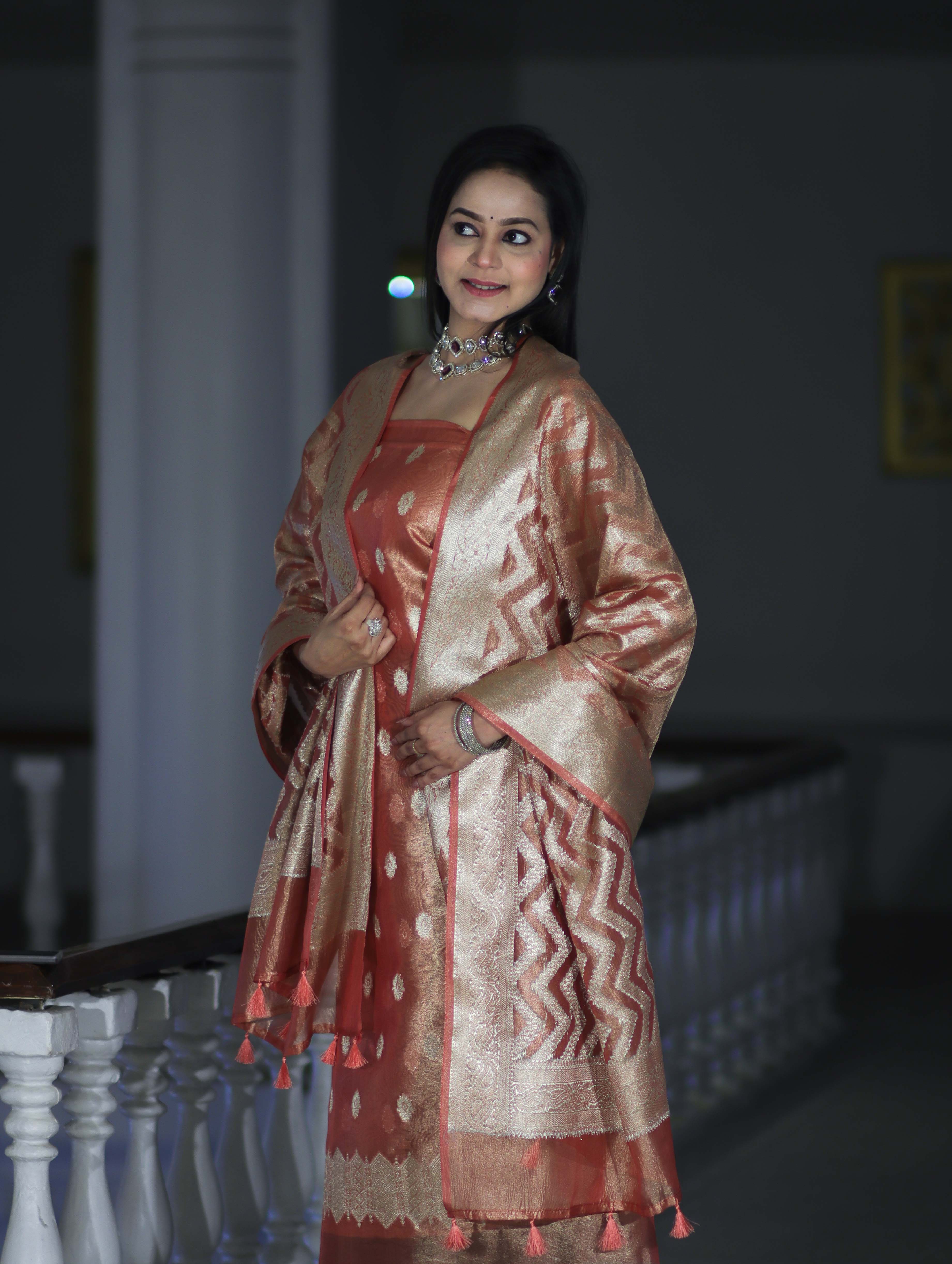 Banarasee Tissue Zari Work Salwar Kameez Fabric With Dupatta Set-Peach
