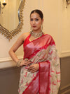 Banarasee Handloom Georgette Saree With Silver Zari Work & Contrast Border-Cream & Red