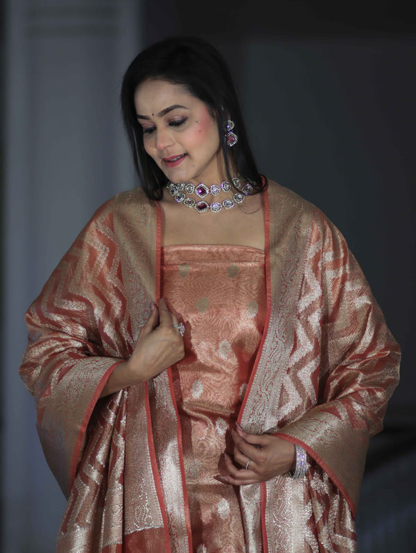 Banarasee Tissue Zari Work Salwar Kameez Fabric With Dupatta Set-Peach