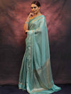 Banarasee Handwoven Semi Silk Saree With Stripes Design & Solid Border-Blue