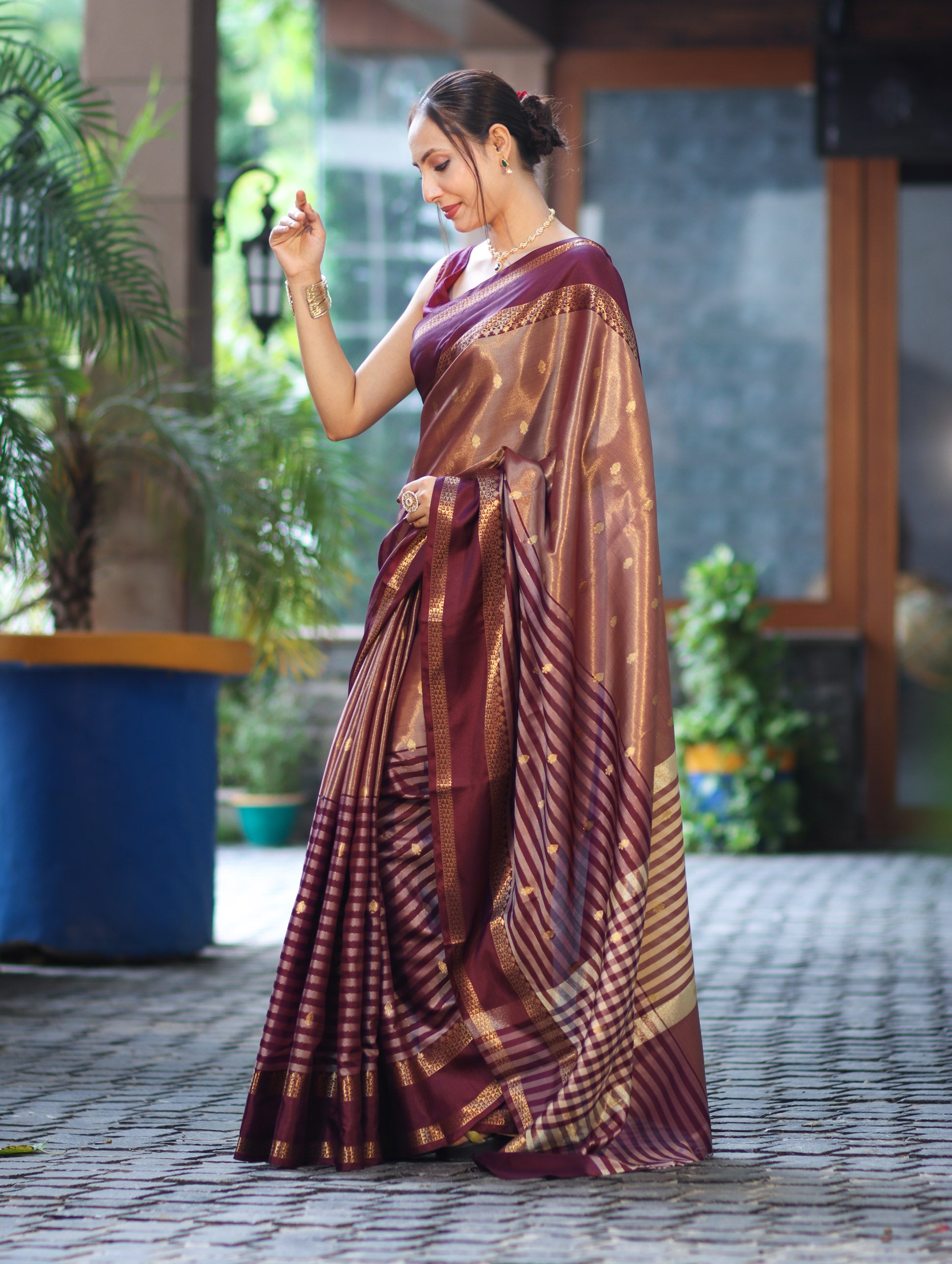 Banarasee Handwoven Semi Silk Saree With Zari Buti Design & Stripe Pattern-Burgundy