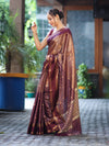 Banarasee Handwoven Semi Silk Saree With Zari Buti Design & Stripe Pattern-Burgundy
